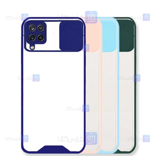 قاب محافظ لنز دار کشویی Samsung Galaxy A12 مدل پشت شفاف