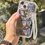 قاب دخترانه گوشی آیفون 12 پرو مکس مدل پروانه نقره ای همراه با آویز و محافظ لنز نگین دار
