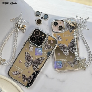 قاب دخترانه گوشی آیفون 15 پرو مکس مدل پروانه نقره ای همراه با آویز و محافظ لنز نگین دار