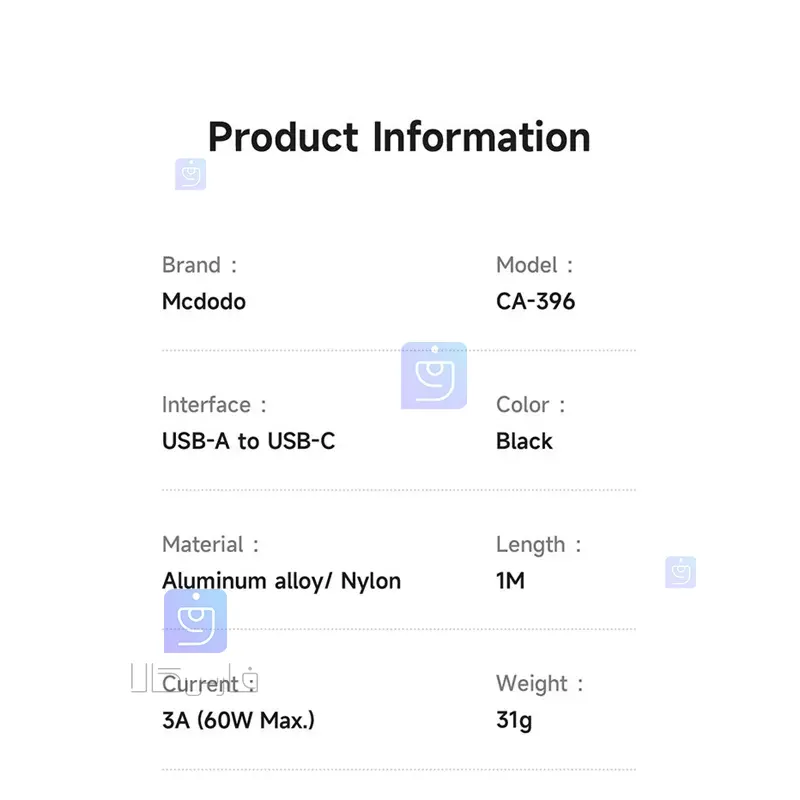 کابل شارژ USB به تایپ سی 60 وات مدل MCDODO CA-3960 | فارس کالا