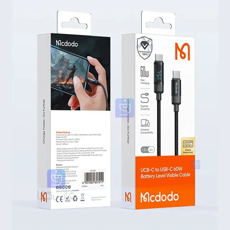 کابل شارژ سریع تایپ‌سی 60 وات مک‌دودو CA-5780 | فارس کالا