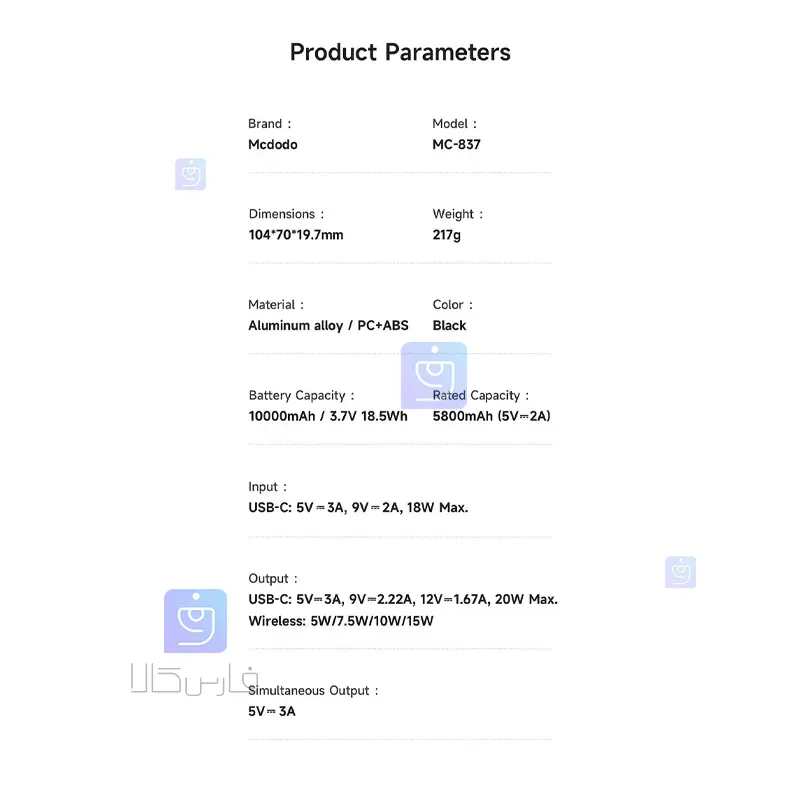 خرید پاوربانک وایرلس شارژر 20وات 10000 مک دودو مدل MC-8371 | فارس کالا