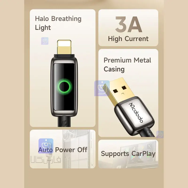 کابل شارژ سریع لایتنینگ 3 آمپر قطع کن اتومات مدل MCDODO CA-6590 MCDODO CA 6590 Lightning Fast Charging Cable 2 کابل شارژ سریع لایتنینگ 3 آمپر مکدودو CA-6590 | فارس کالا