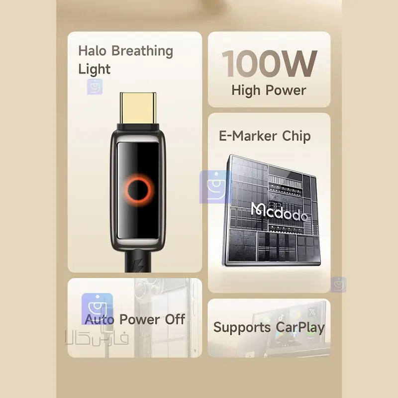 کابل شارژ سریع تایپ سی به تایپ سی قطع کن اتومات مدل MCDODO CA-668 MCDODO CA 668 Type C Fast Charging Cable 11 کابل شارژ سریع تایپ سی 100 وات مکدودو CA-668 | فارس کالا