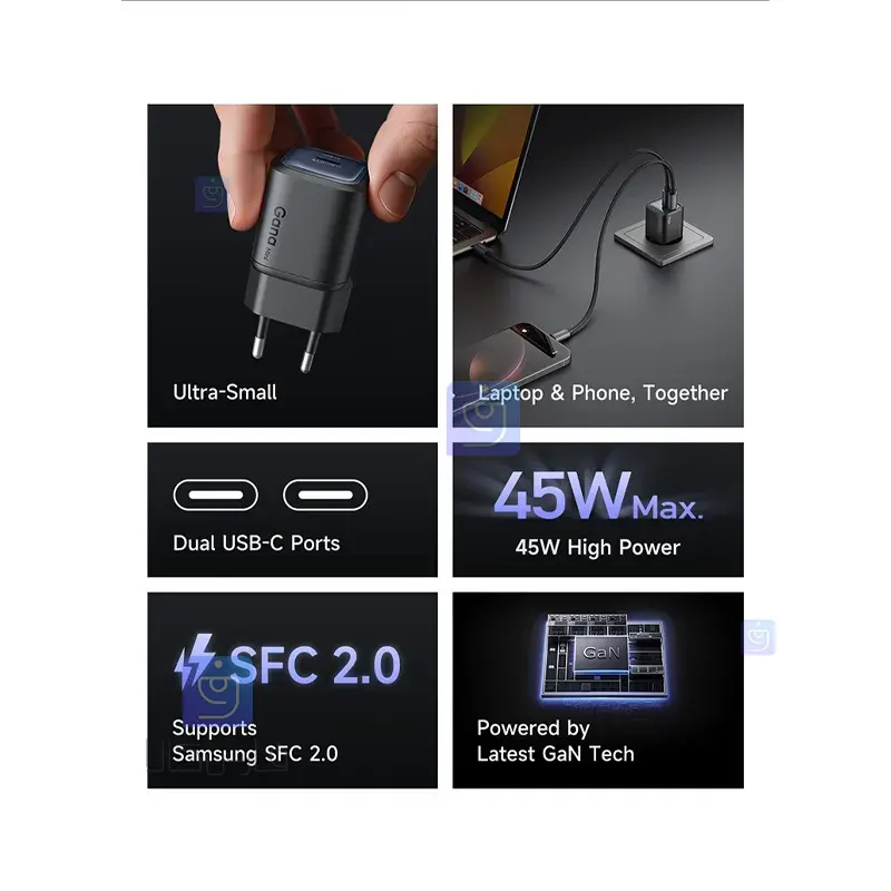 شارژر آداپتور دیواری مینی 45 واتی دو پورت مدل MCDODO CH-100 | فارس کالا