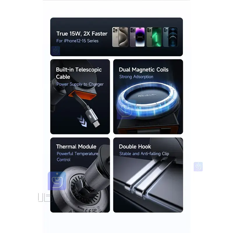 هولدر دریچه کولری+شارژر وایرلس 15 وات مکدودو مدل MCDODO CH-3000 MCDODO CH 3000 Air Conditioner Valve Holder 1 8 هولدر دریچه کولری+شارژر وایرلس مکدودو CH-3000 | فارس کالا