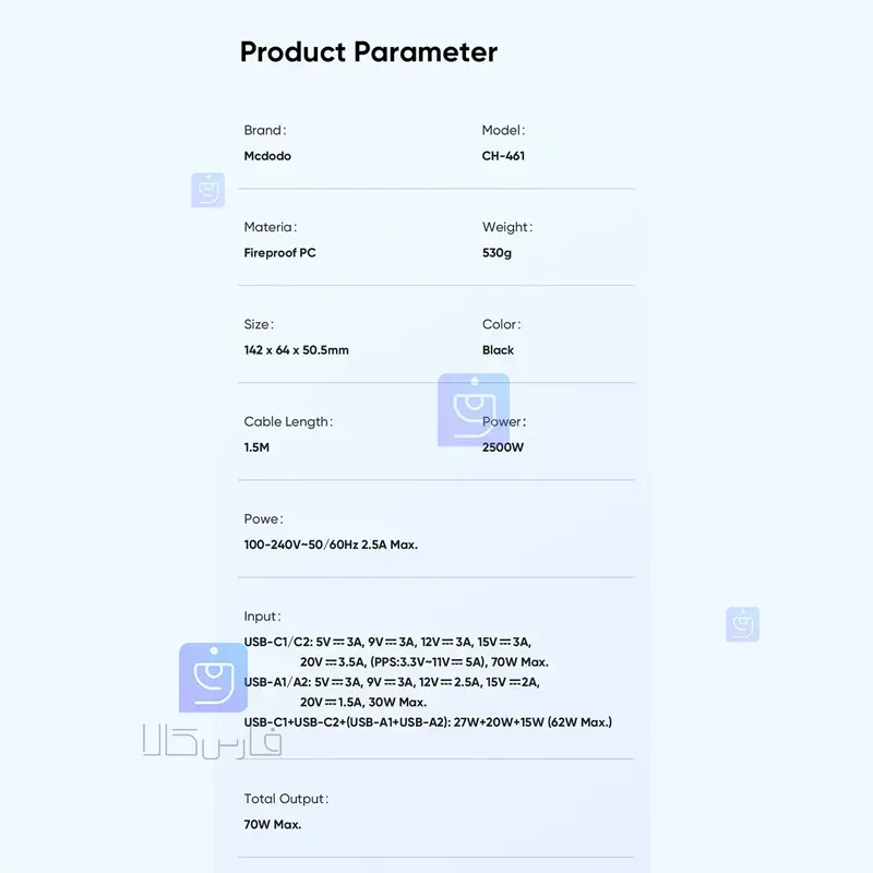 آداپتور و چندراهی شارژ 70 وات مک‌دودو CH-4610 | فارس کالا