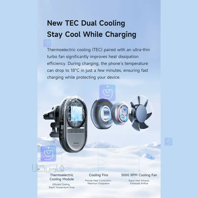 هولدر وایرلس شارژر 25وات+فن خنک کننده مکدودو مدل MCDODO CH-8400 MCDODO CH 8400 25W Wireless Charger Holder 1 10 هولدر وایرلس شارژر خودرو 25 وات مکدودو CH-8400 | فارس کالا