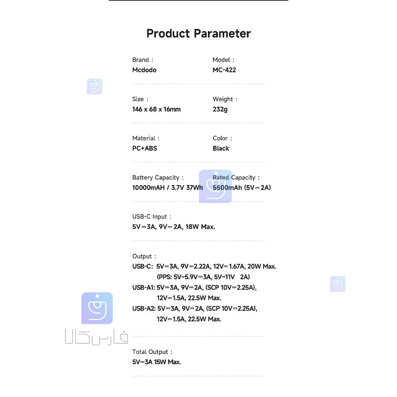 پاوربانک 22.5 وات ظرفیت 10000 مکدودو مدل MCDODO MC-4220 Power bank 22.5 watts capacity 10000 mAh MCDODO MC 4220 15 پاوربانک 22.5 وات 10000mAhمکدودو مدل MC-4220 | فارس کالاپاوربانک 22.5 وات 10000mAhمکدودو مدل MC-4220 | فارس کالا