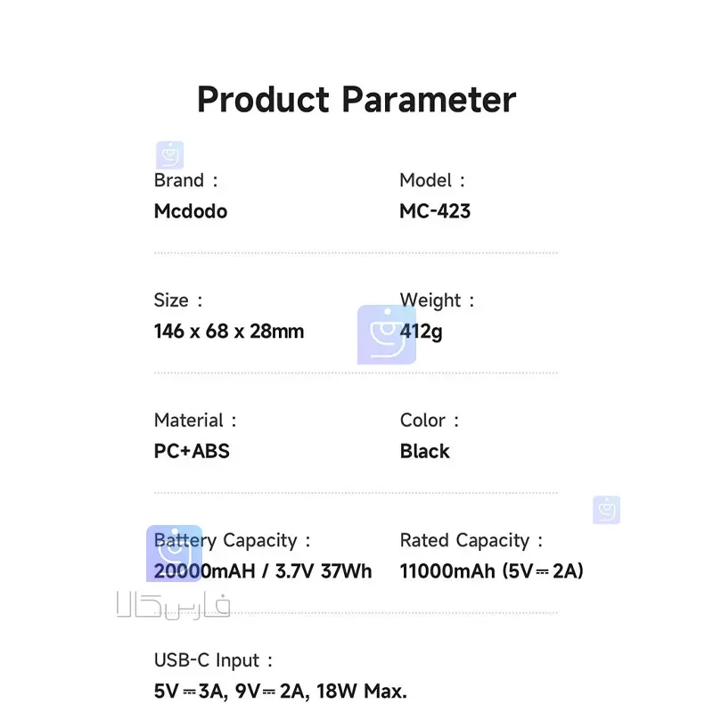 پاوربانک 22.5 وات ظرفیت 20000 مکدودو مدل MCDODO MC-4230 Power bank 22.5 watts capacity 20000 MCDODO MC 4230 1 15 پاوربانک 22.5 وات 20000mAh مکدودو مدل MC-4230 | فارس کالا