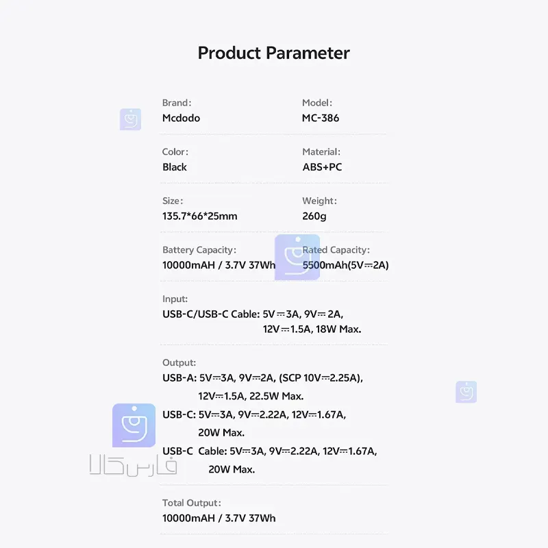 پاوربانک 22.5 وات 10000mAh مک‌دودو MC-3860 | فارس کالا