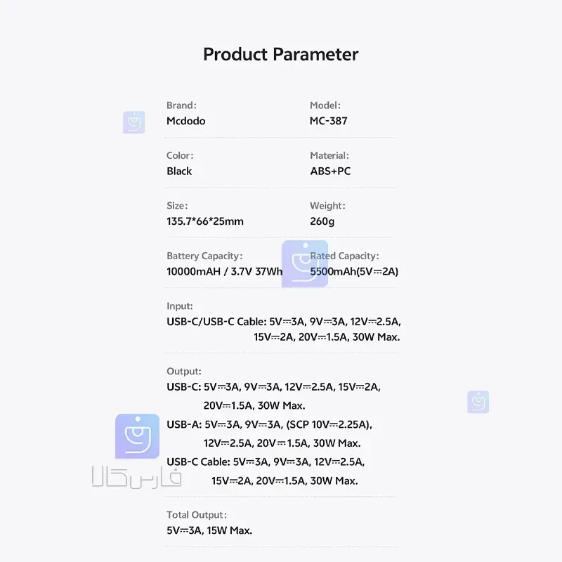 پاوربانک 30 وات 10000mAh مک‌دودو مدل MC-3870 | فارس کالا